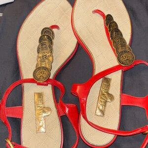 CHANEL Red and Gold Women's Sandals